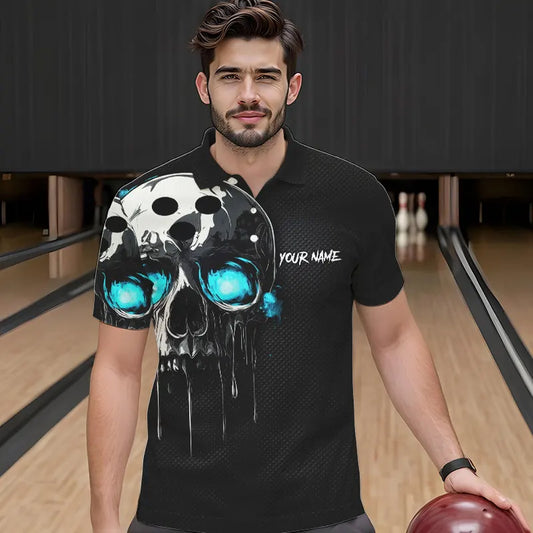 Black and Blue Skull Men's Bowling Polo, Quarter Zip shirts Custom Skull Team Bowling Jersey NQS9361