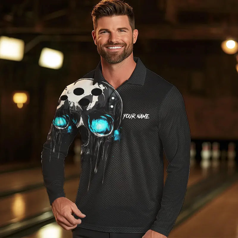 Black and Blue Skull Men's Bowling Polo, Quarter Zip shirts Custom Skull Team Bowling Jersey NQS9361