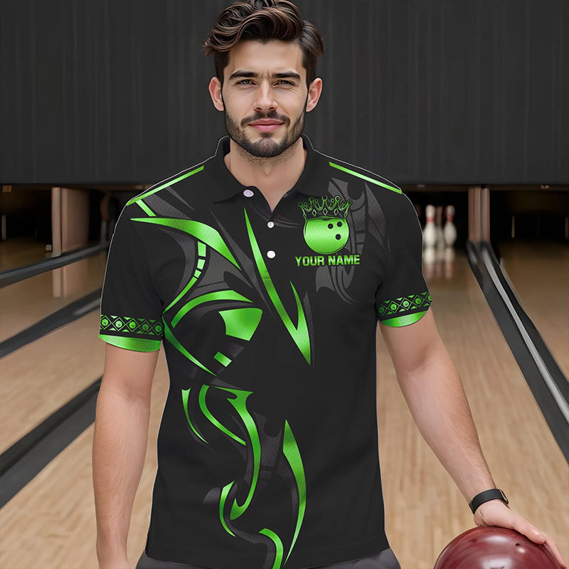 Black and Green crown Bowling ball Polo, Quarter Zip Shirts for Men Custom Bowling Team jerseys NQS9502