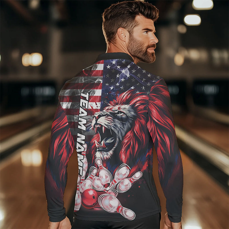 Smoke American Flag Lion Bowling Polo, 1/4 Zip Shirts for Men Custom patriotic Team Bowling jerseys NQS9670
