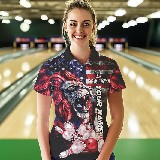 Smoke American Flag Lion Bowling Polo, 1/4 Zip Shirts for Women Custom patriotic Team Bowling jerseys NQS9670