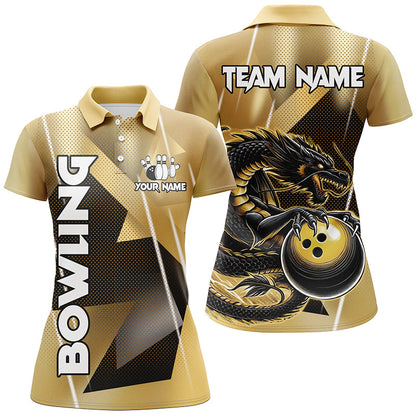 Black And Gold Custom Dragon Bowling Shirts For Women, Dragon Bowling Team Shirts NQS8233
