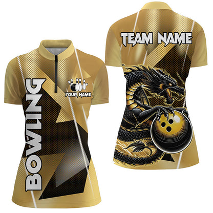 Black And Gold Custom Dragon Bowling Shirts For Women, Dragon Bowling Team Shirts NQS8233