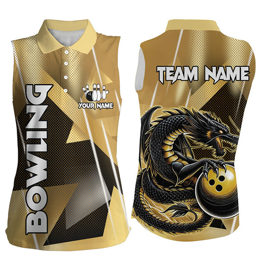 Black And Gold Custom Dragon Bowling sleeveless polo Shirts For Women, Dragon Bowling Team Shirts NQS8233