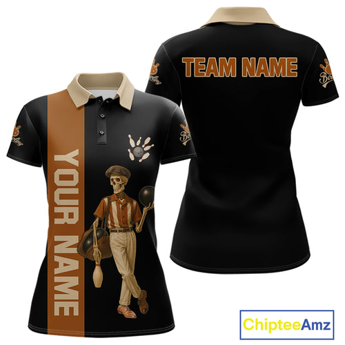 Black and Brown Skull Retro Bowling Polo, Quarter Zip Shirts For Women Custom Team Bowling Jersey NQS10859