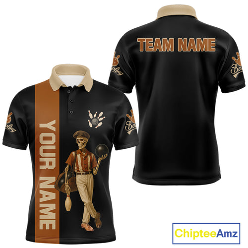 Black and Brown Skull Retro Bowling Polo, Quarter Zip Shirts For Men Custom Team Bowling Jersey NQS10859