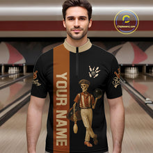 Load image into Gallery viewer, Black and Brown Skull Retro Bowling Polo, Quarter Zip Shirts For Men Custom Team Bowling Jersey NQS10859