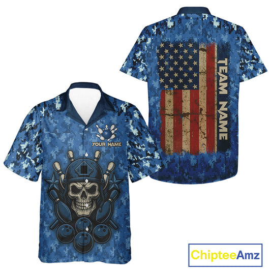 Blue Camo American Flag Veteran Skull Bowling Hawaiian Shirt Custom patriotic Bowling Team Jerseys NQS11047