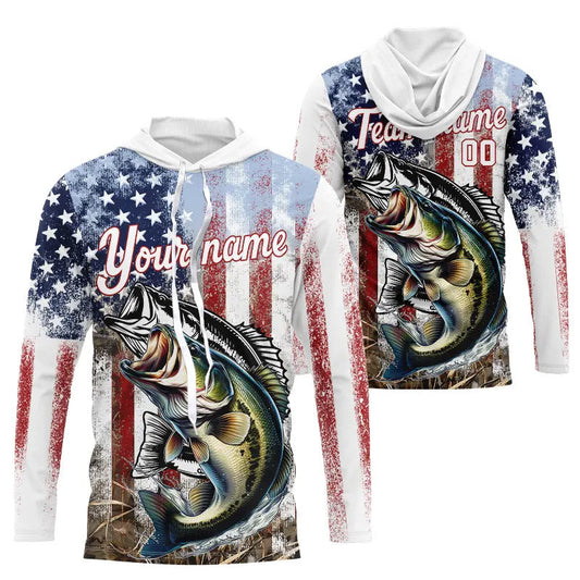 Largemouth Bass Fishing American Flag UV Protection Fishing Shirt Custom Patriotic Bass Fishing Jersey NQS9160