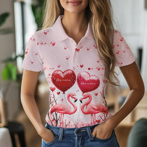Pink Glitter Flamingo Heart Theme Women golf polo shirt custom Valentines golf tops gift for her NQS9367