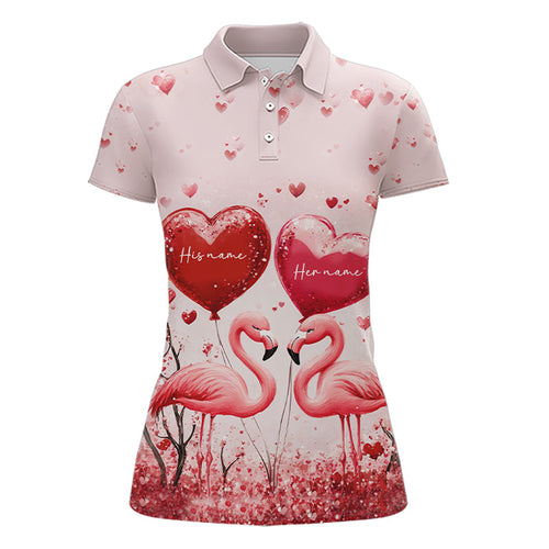 Pink Glitter Flamingo Heart Theme Women golf polo shirt custom Valentines golf tops gift for her NQS9367