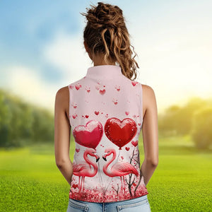 Pink Glitter Flamingo Heart Theme Women sleeveless polo shirt custom Valentines golf tops gift for her NQS9367