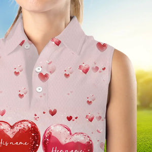 Pink Glitter Flamingo Heart Theme Women sleeveless polo shirt custom Valentines golf tops gift for her NQS9367