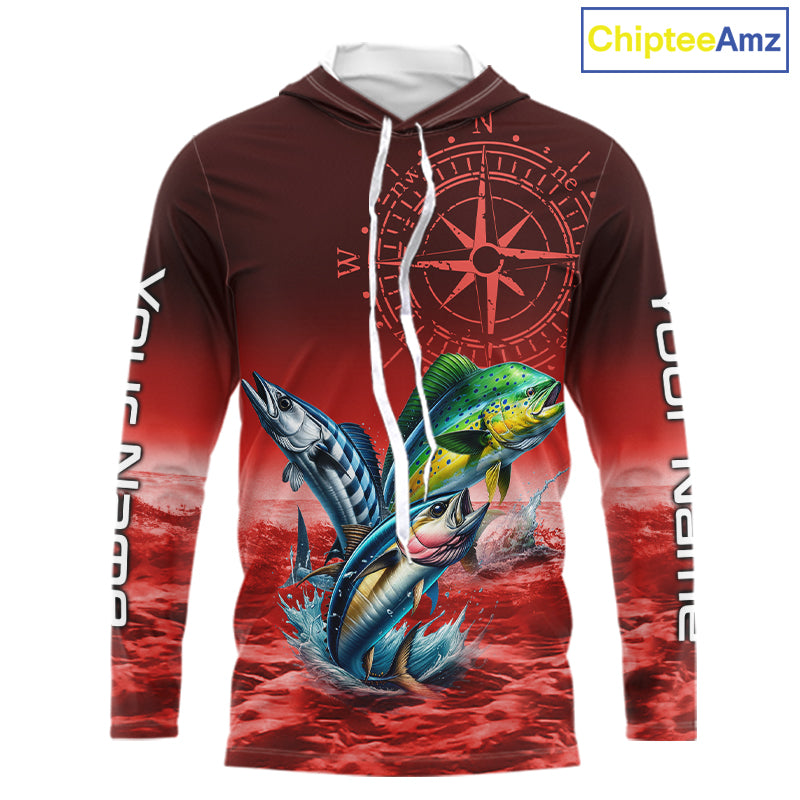Personalized Mahi Mahi, Wahoo, Tuna Red Performance Fishing Shirt, compass offshore tournament Shirts NQS11437