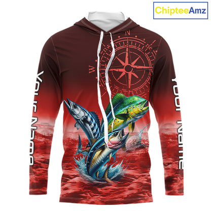Personalized Mahi Mahi, Wahoo, Tuna Red Performance Fishing Shirt, compass offshore tournament Shirts NQS11437