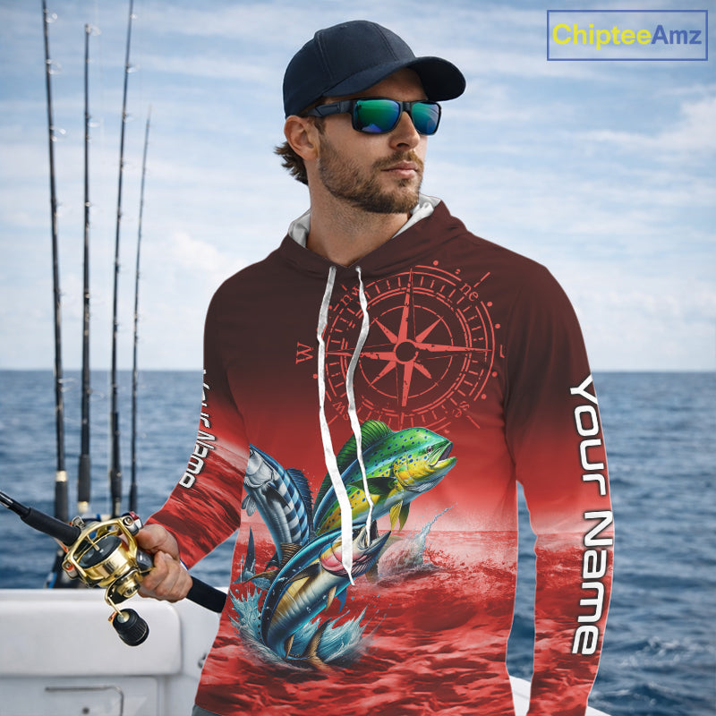Personalized Mahi Mahi, Wahoo, Tuna Red Performance Fishing Shirt, compass offshore tournament Shirts NQS11437