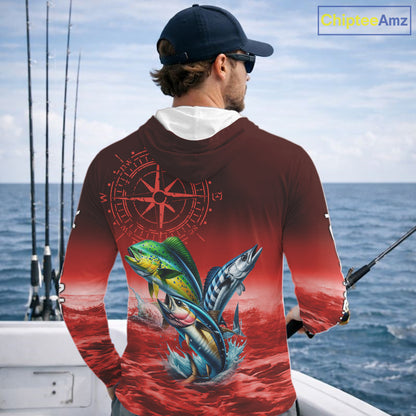 Personalized Mahi Mahi, Wahoo, Tuna Red Performance Fishing Shirt, compass offshore tournament Shirts NQS11437