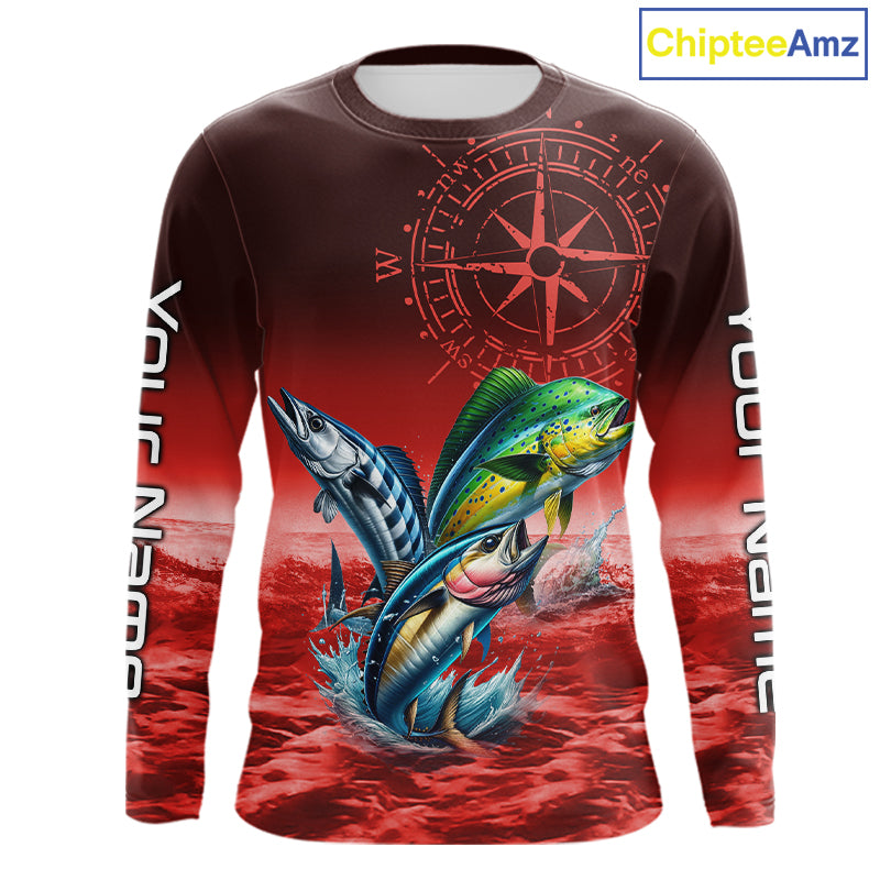 Personalized Mahi Mahi, Wahoo, Tuna Red Performance Fishing Shirt, compass offshore tournament Shirts NQS11437