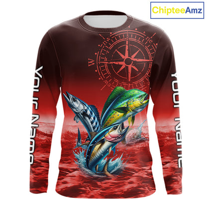 Personalized Mahi Mahi, Wahoo, Tuna Red Performance Fishing Shirt, compass offshore tournament Shirts NQS11437