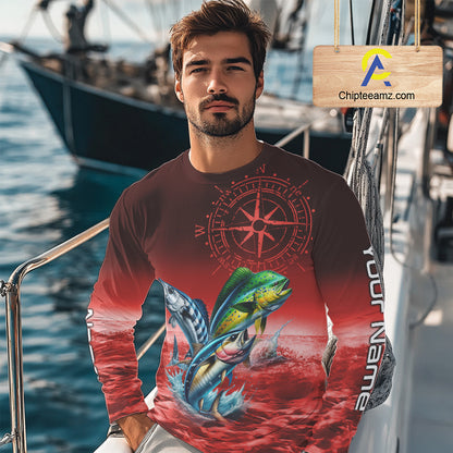 Personalized Mahi Mahi, Wahoo, Tuna Red Performance Fishing Shirt, compass offshore tournament Shirts NQS11437