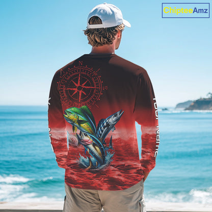 Personalized Mahi Mahi, Wahoo, Tuna Red Performance Fishing Shirt, compass offshore tournament Shirts NQS11437