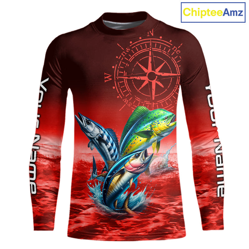 Personalized Mahi Mahi, Wahoo, Tuna Red Performance Fishing Shirt, compass offshore tournament Shirts NQS11437