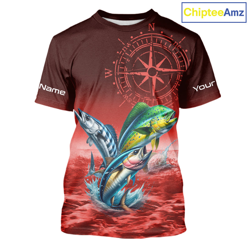 Personalized Mahi Mahi, Wahoo, Tuna Red Performance Fishing Shirt, compass offshore tournament Shirts NQS11437