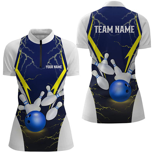 Blue lightning thunder bowling ball & pins custom Women Bowling Quarter Zip Shirt, team bowling jersey NQS7455