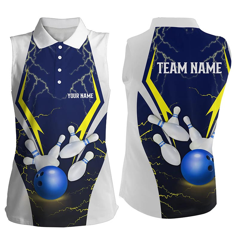 Blue lightning thunder bowling ball and pins custom Women sleeveless Polo shirt, team bowling jerseys NQS7455