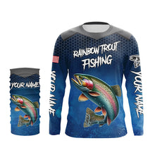 Load image into Gallery viewer, Blue camo Rainbow trout fishing Custom performance long sleeve team Trout fishing tournament shirts NQS8237