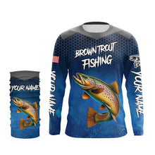 Load image into Gallery viewer, Blue camo Brown trout fishing Custom performance long sleeve team Trout fishing tournament shirts NQS8238