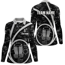 Load image into Gallery viewer, Womens disc golf polo shirt custom name black camo disc golf basket personalized disc golf shirt NQS8701