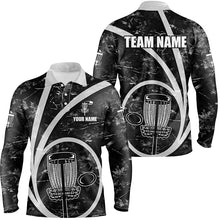 Load image into Gallery viewer, Mens disc golf polo shirt custom team name black camo disc golf basket personalized disc golf shirt NQS8701