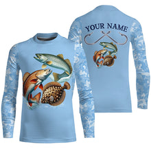 Load image into Gallery viewer, Texas slam redfish, speckled trout, flounder Texas fishing blue camo Custom performance fishing shirt NQS2621