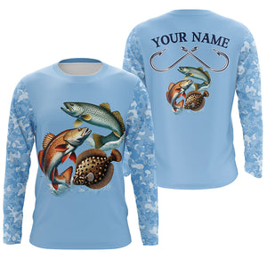 Texas slam redfish, speckled trout, flounder Texas fishing blue camo Custom performance fishing shirt NQS2621