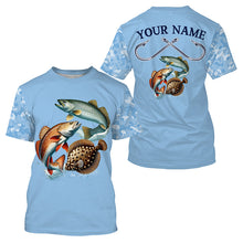 Load image into Gallery viewer, Texas slam redfish, speckled trout, flounder Texas fishing blue camo Custom performance fishing shirt NQS2621