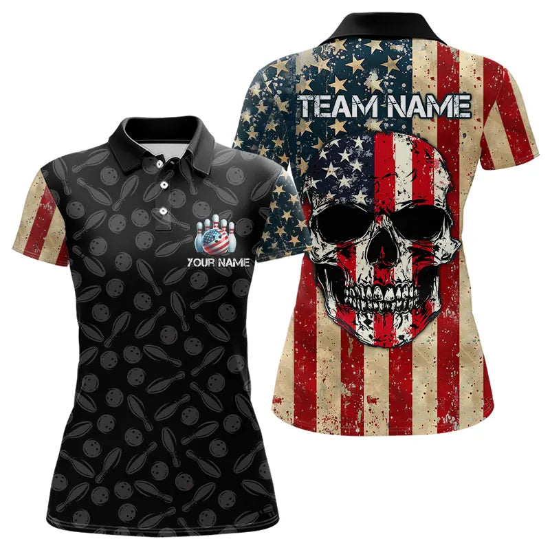 Retro American Flag Skull Camo Bowling Shirts For Women Custom Bowling Team Shirts Bowler Outfit NQS9371