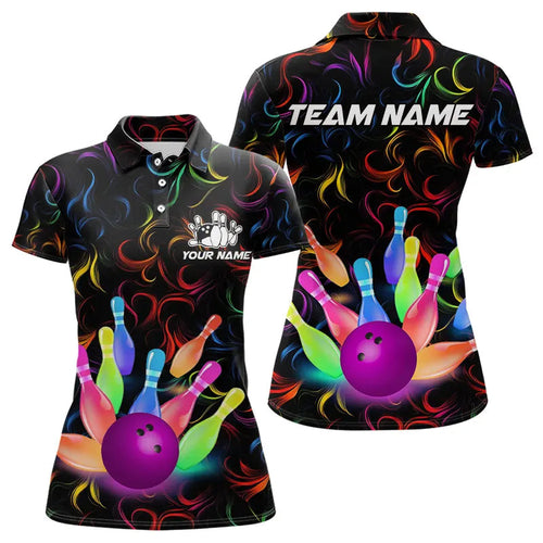 Colorful Neon Flame pattern Bowling Shirts For Women Custom Bowling Team Jerseys, Gift For Bowler NQS9374