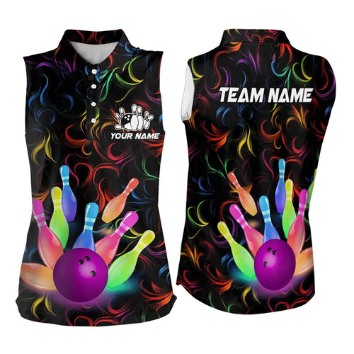 Colorful Neon Flame pattern Bowling Sleeveless Polo Shirt Custom Bowling Team Jerseys, Gift For Bowler NQS9374