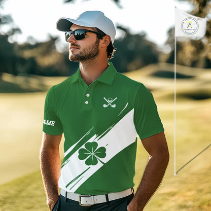 Mens golf polo shirts White and Green Shamrock custom St Patrick's Day team golf shirts for men NQS11639