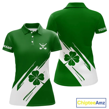 Womens golf polo shirts White and Green Shamrock custom St Patrick's Day team golf shirts for ladies NQS11639