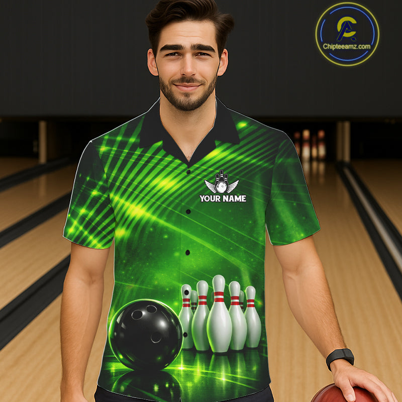 Green Light Bowling Hawaiian Shirt Custom Bowling Team Button-up shirt, Gift For Bowlers NQS11737