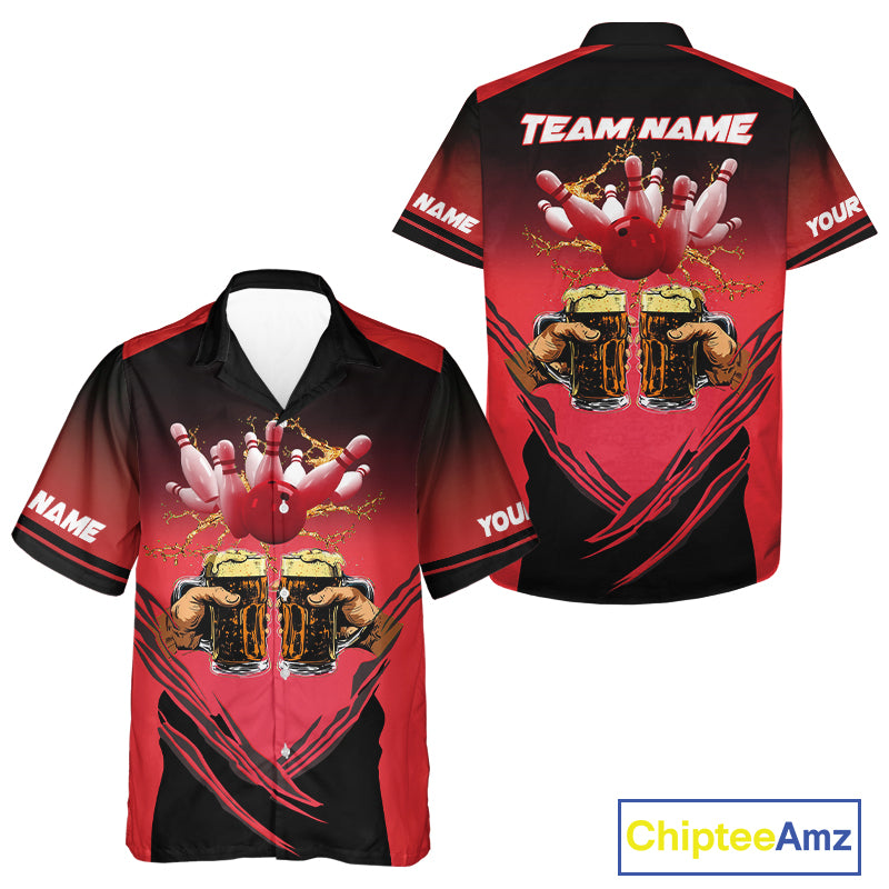 Bowling Beer Black and Red Bowling Hawaiian Shirt Custom Team Bowling button up shirt NQS10873
