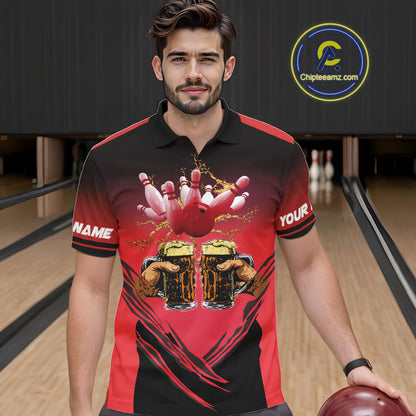 Bowling Beer Black and Red Bowling Polo, 1/4 Quarter zip shirts Custom Mens Team Bowling jerseys NQS10873