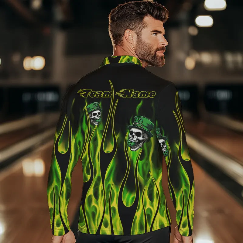 Green Flame clover skull St Patrick's Day Mens bowling shirts Custom Lucky Bowling Team Jerseys NQS9379