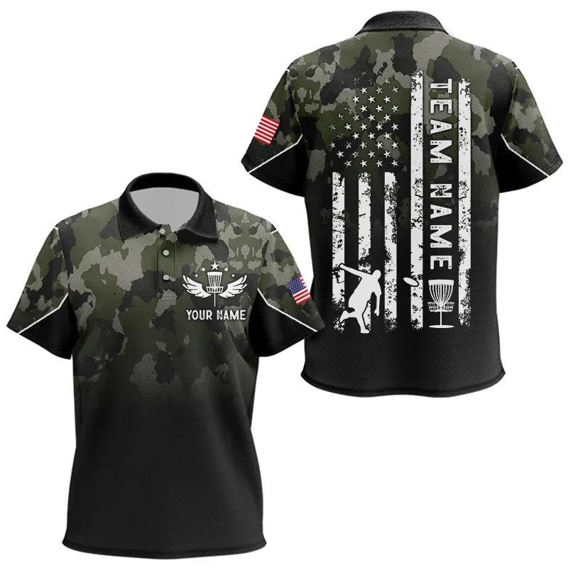 Black Green Camo Kid Disc golf polo shirt custom American Flag patriotic team disc golf jerseys NQS9522