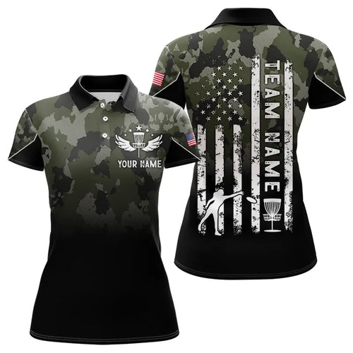 Black Green Camo Women Disc golf polo shirts custom American Flag patriotic team disc golf jerseys NQS9522
