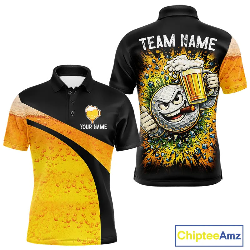 Custom Yellow Funny Beer Golf Polo Shirts For Men, golf outfits for men, Personalized golf gifts NQS11647