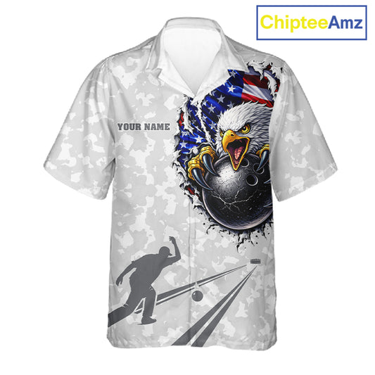 Personalized American Flag Skull Eagle Camo Bowling Team Hawaiian Shirts, Patriotic Bowling Outfits NQS11648