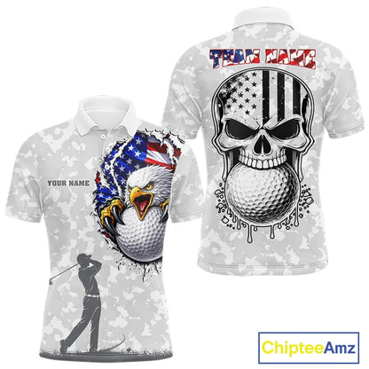 Personalized American Flag Skull Eagle Camo Golf Polo Shirts For Men, Patriotic Mens Golf Outfits NQS11649